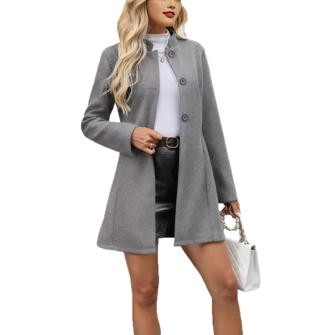 Fashionable Elegant Slim Jacket with Small Stand Collar and Long Sleeve